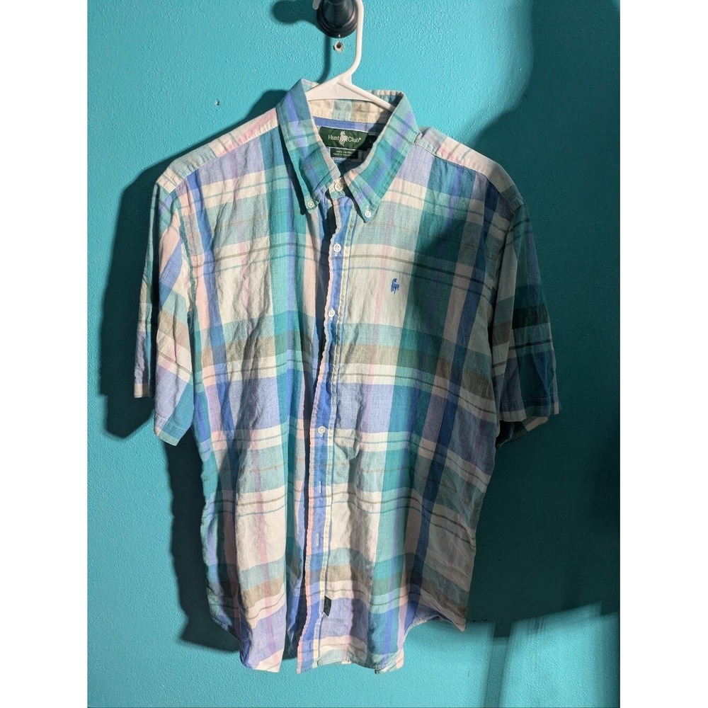 Hunt Club Mens Blue Green Plaid Short Sleeve Button Down Cotton Shirt Size L